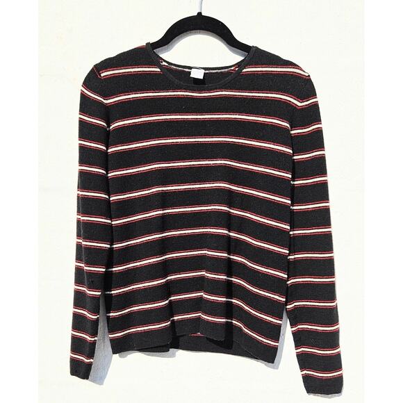 Vintage 90s Sweater Womens Medium Black Red Striped Merino Wool Preppy Academia - Picture 1 of 7